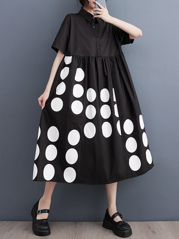 xakxx A-Line Loose Buttoned Pockets Polka Dot Printed Lapel Midi Dresses