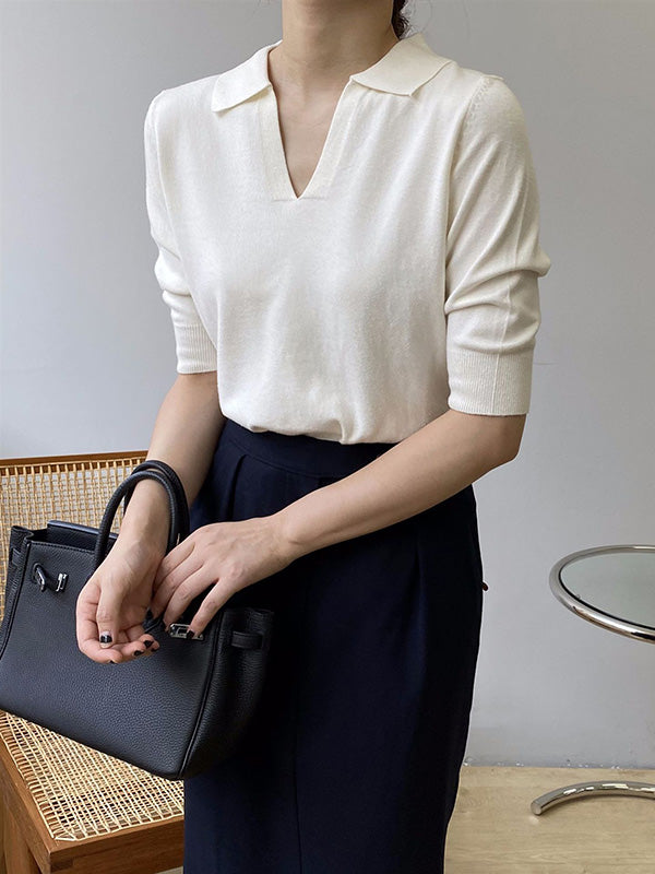 xakxx 7 Colors Urban Solid Color Half Sleeves Knitting Shirt Top