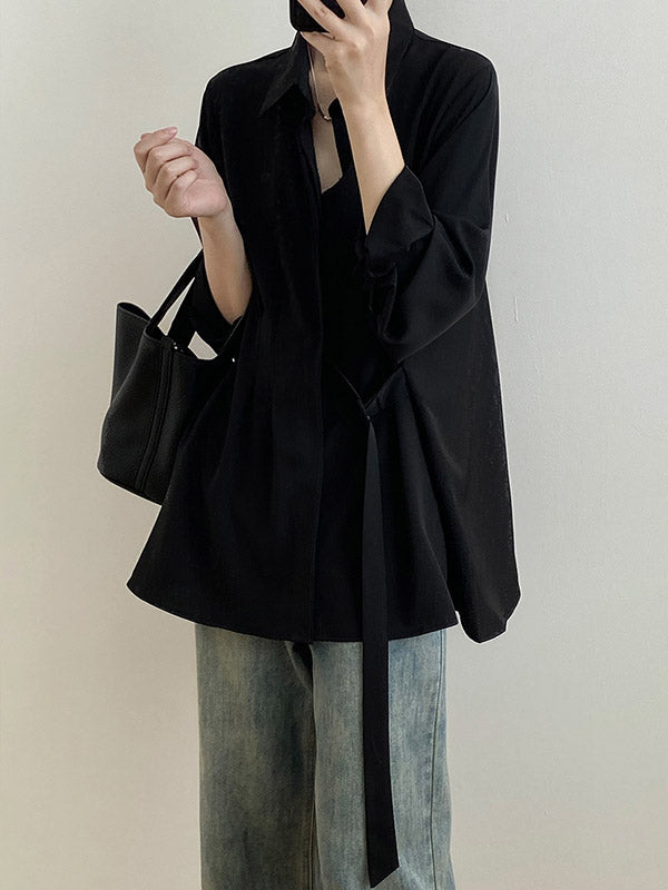 xakxx Office Loose Long Sleeves Lace-Up Solid Color Lapel Blouses