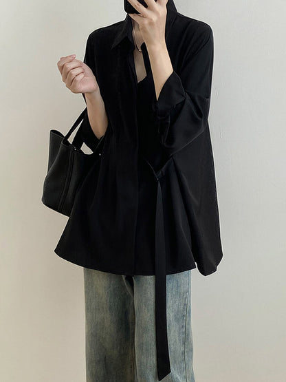 xakxx Office Loose Long Sleeves Lace-Up Solid Color Lapel Blouses