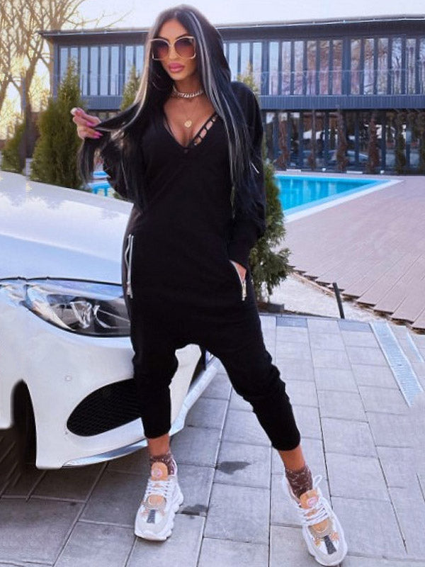 xakxx V-Neck Hollow Hooded Pocket Long Sleeve  Athletic Jumpsuit