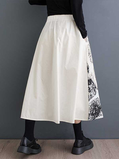 xakxx A-Line Loose Contrast Color Elasticity Printed Split-Joint Skirts