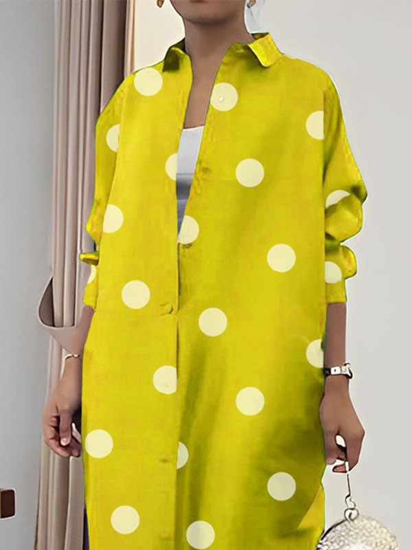 xakxx Long Sleeves Loose Polka-Dot Split-Front Split-Side Lapel Maxi Dresses
