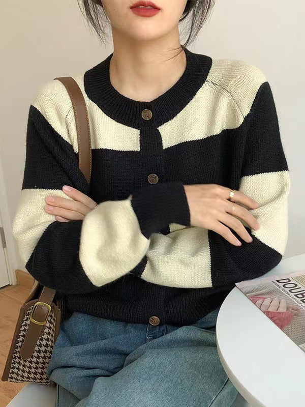 xakxx Casual Buttoned Contrast Color Striped Cardigan Tops