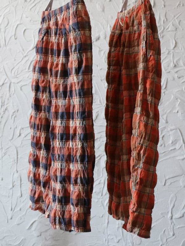 xakxx Casual Ramie Cotton Plaid Wide Leg Loose Pants