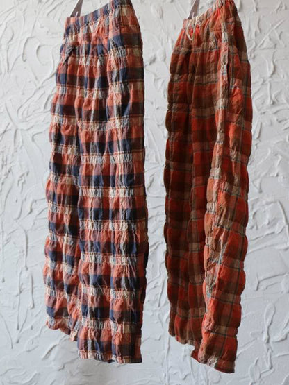 xakxx Casual Ramie Cotton Plaid Wide Leg Loose Pants