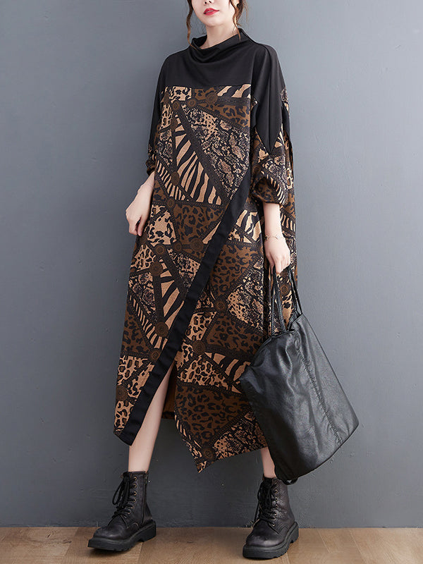 xakxx Long Sleeves Loose Asymmetric Printed Split-Front Split-Joint Mock Neck Midi Dresses