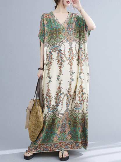 xakxx Vintage Floral Printed V-Neck Batwing Sleeves H-Line Maxi Dress