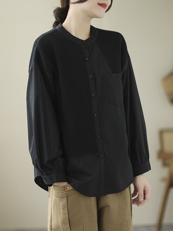 xakxx Vintage Long Sleeves Loose Split-Joint Round-Neck Blouses&Shirts Tops