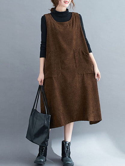 xakxx Corduroy Sleeveless Split-Joint Round-Neck Midi Dress