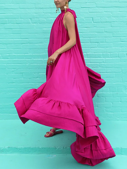 xakxx Loose Sleeveless Falbala Solid Color Stand Collar Maxi Dresses