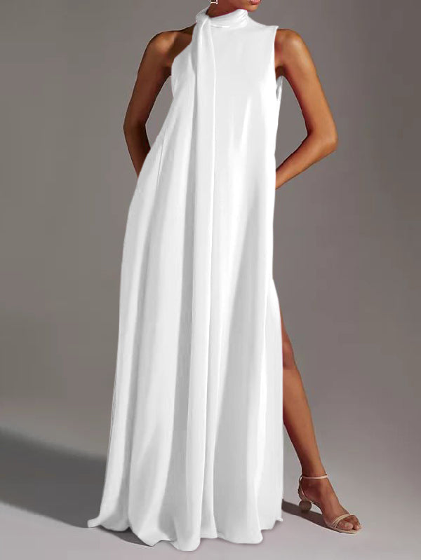xakxx Sleeveless Solid Color Split-Side Round-Neck Maxi Dresses