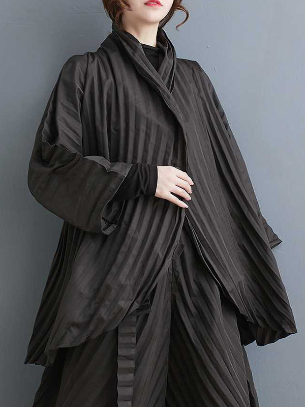 xakxx Long Sleeves Loose Buttoned Pleated Solid Color Stand Collar Shirts Top + Pants Bottom Two Pieces Set