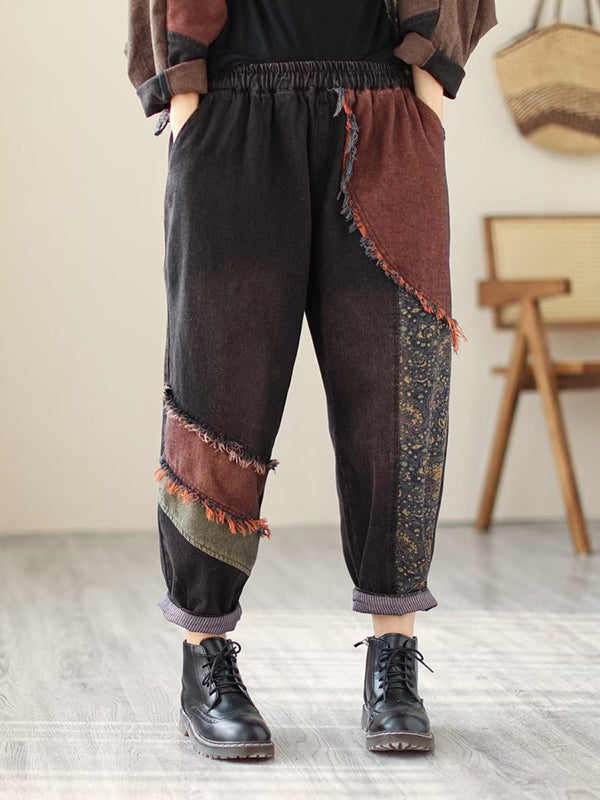 xakxx Contrast Color Fringed Split-Joint Long Sleeves Printed Outwear + Harem Pants  Two Pieces Set
