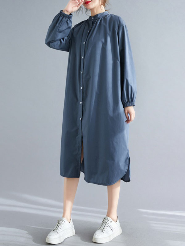 xakxx A-Line Long Sleeves Buttoned Elasticity Split-Side Mock Neck Midi Dresses Shirt Dress