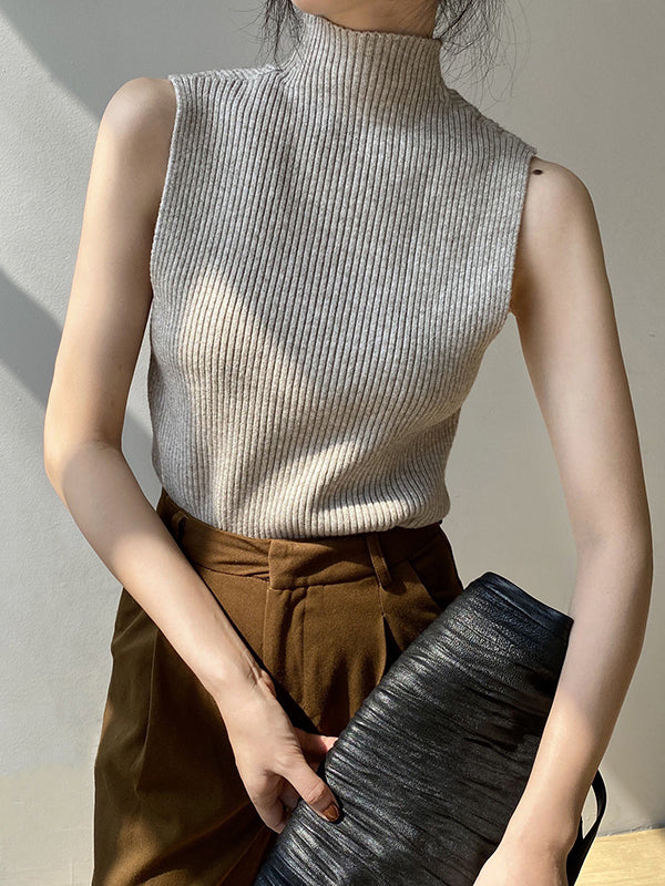 xakxx Skinny Sleeveless Solid Color High-Neck Knitwear Vest Top