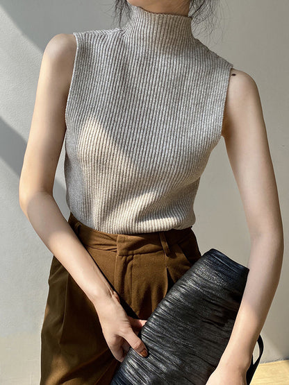xakxx Skinny Sleeveless Solid Color High-Neck Knitwear Vest Top