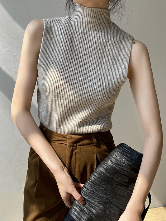 xakxx Skinny Sleeveless Solid Color High-Neck Knitwear Vest Top