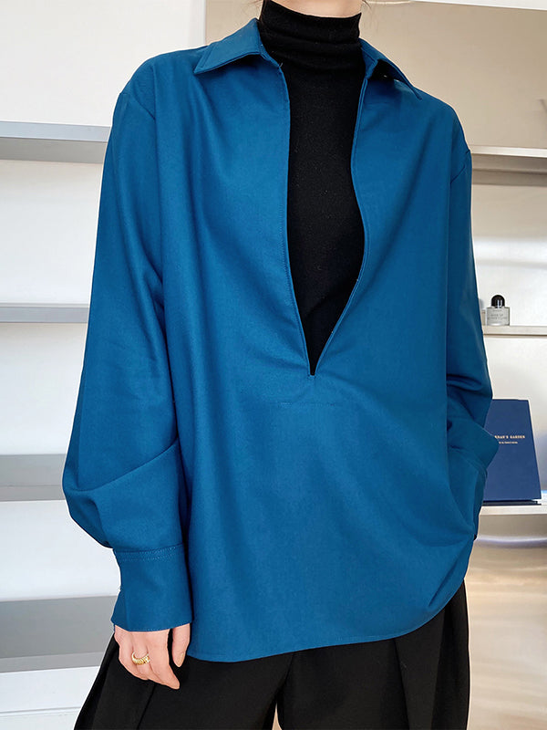 xakxx Long Sleeves Loose Solid Color Lapel Blouses