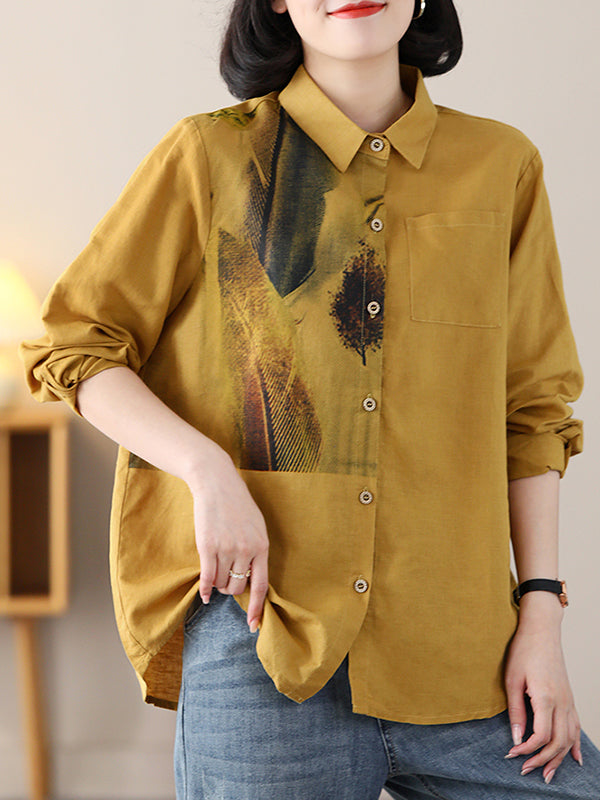 xakxx Long Sleeves Loose Contrast Color Feathers Printed Lapel Blouses