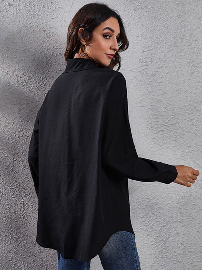 xakxx Casual Loose Long Sleeves Buttoned Contrast Color Polka-Dot Lapel Collar Blouses&Shirts Tops