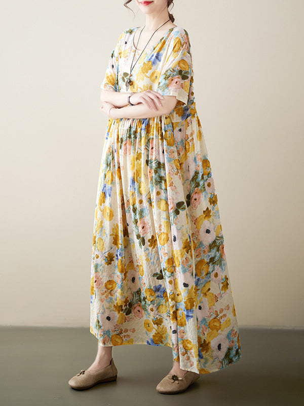 xakxx A-Line Loose Floral Printed Round-Neck Midi Dresses