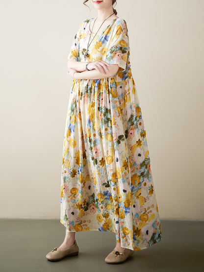 xakxx A-Line Loose Floral Printed Round-Neck Midi Dresses