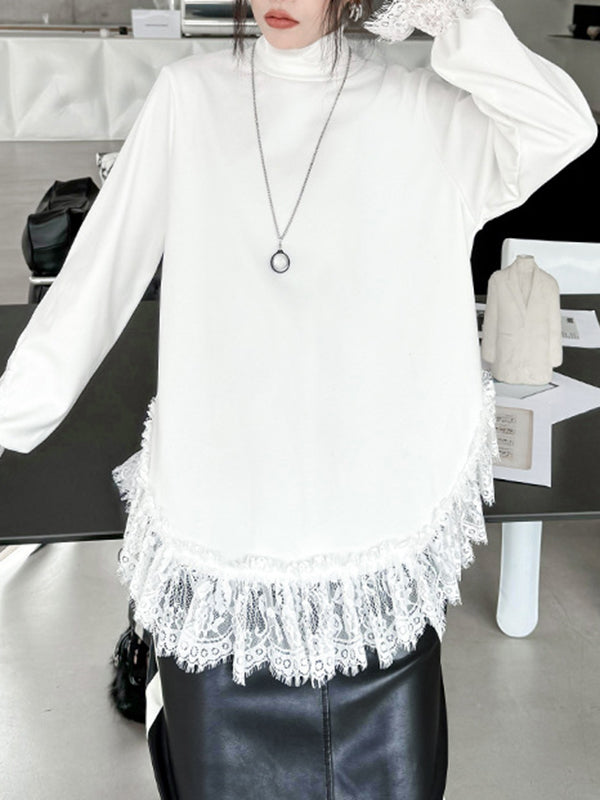 xakxx Long Sleeves Loose Solid Color Split-Joint High Neck T-Shirts Tops