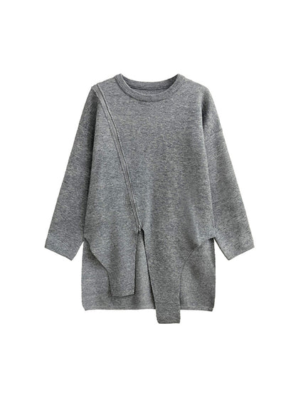 xakxx High-Low Long Sleeves Asymmetric Solid Color Zipper Round-Neck Pullovers Sweater Tops