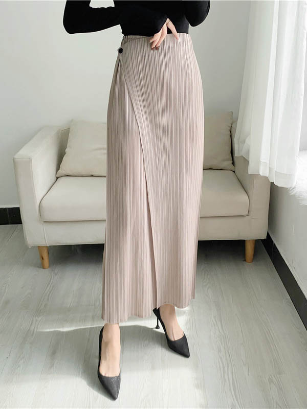 xakxx Column Irregularity Pleated Solid Color Casual Pants Bottoms