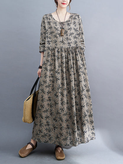xakxx Artistic Retro Long Sleeves Loose Floral Printed Round-Neck Midi Dresses