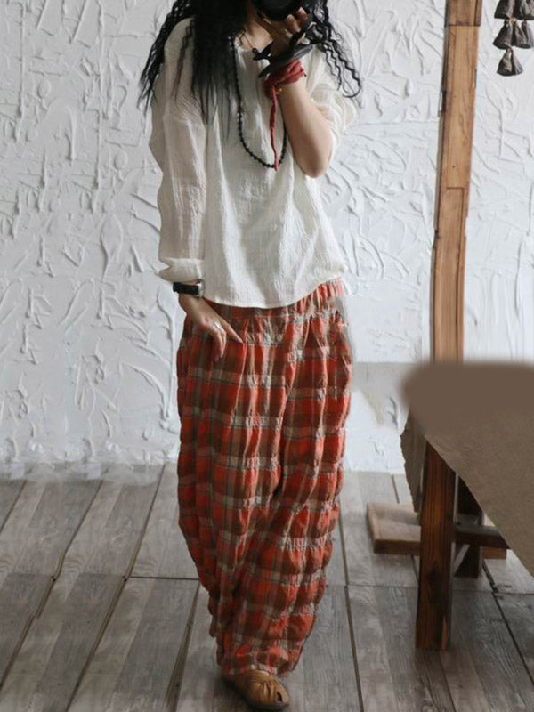 xakxx Casual Ramie Cotton Plaid Wide Leg Loose Pants