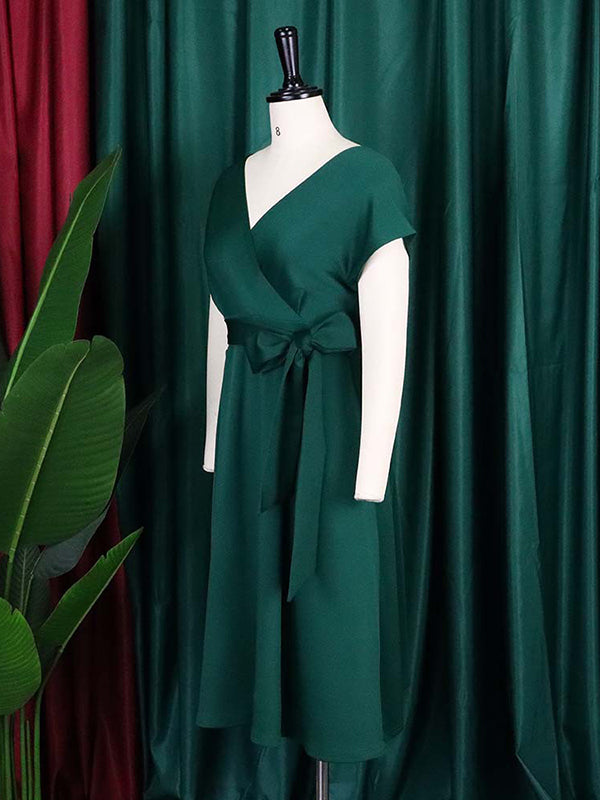 xakxx Bowknot Lace-Up Solid Color V-Neck Midi Dresses