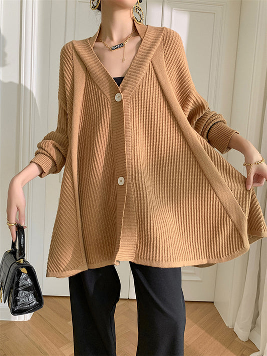 xakxx Stylish A-Line Long Sleeves Loose Solid Color V-Neck Cardigan Tops