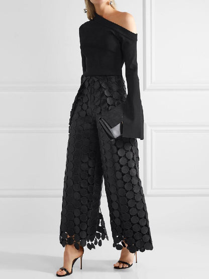 xakxx High Waisted Wide Leg Hollow Polka Dot Solid Color Pants Trousers