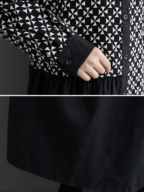 xakxx A-Line Long Sleeves Asymmetric Buttoned Pleated Printed Split-Joint Lapel Midi Dresses