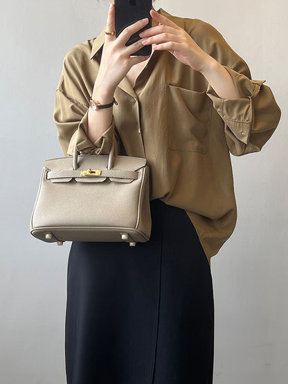 xakxx Vintage Long Sleeves Loose Solid Color Lapel Collar Blouses