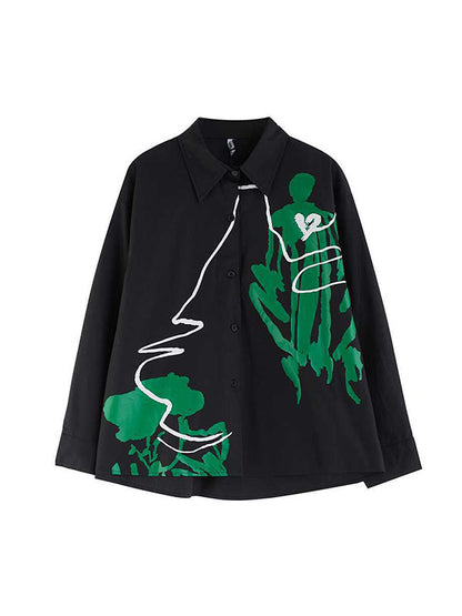 xakxx High-Low Long Sleeves Buttoned Printed Lapel Blouses&Shirts Tops