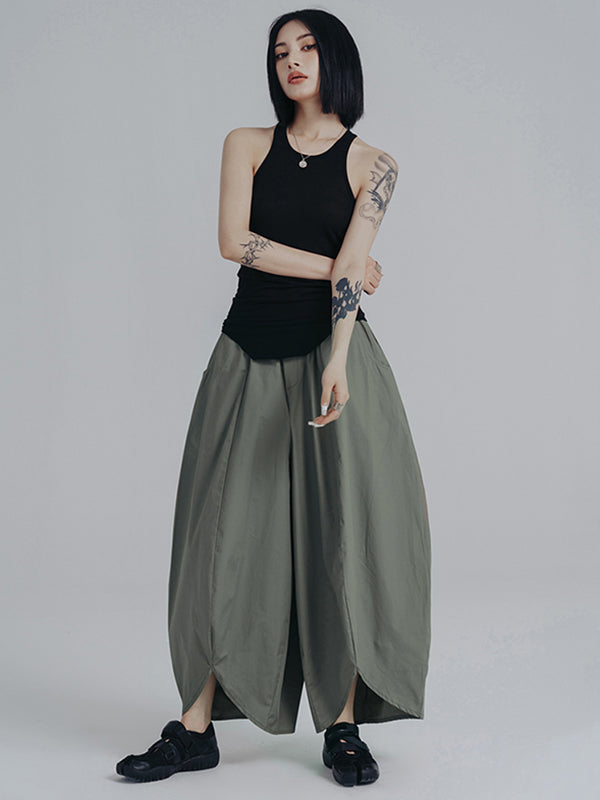 xakxx Simple Loose Elasticity Waist Wide Leg Solid Color Pants