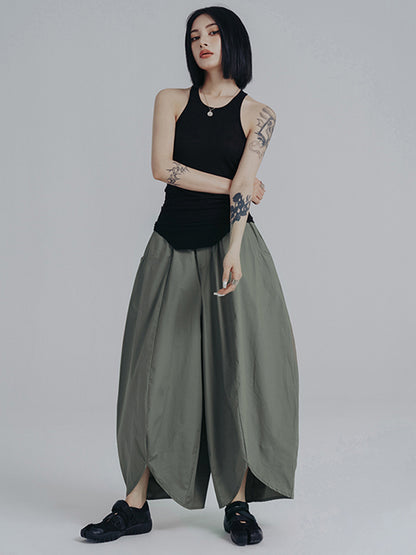 xakxx Simple Loose Elasticity Waist Wide Leg Solid Color Pants