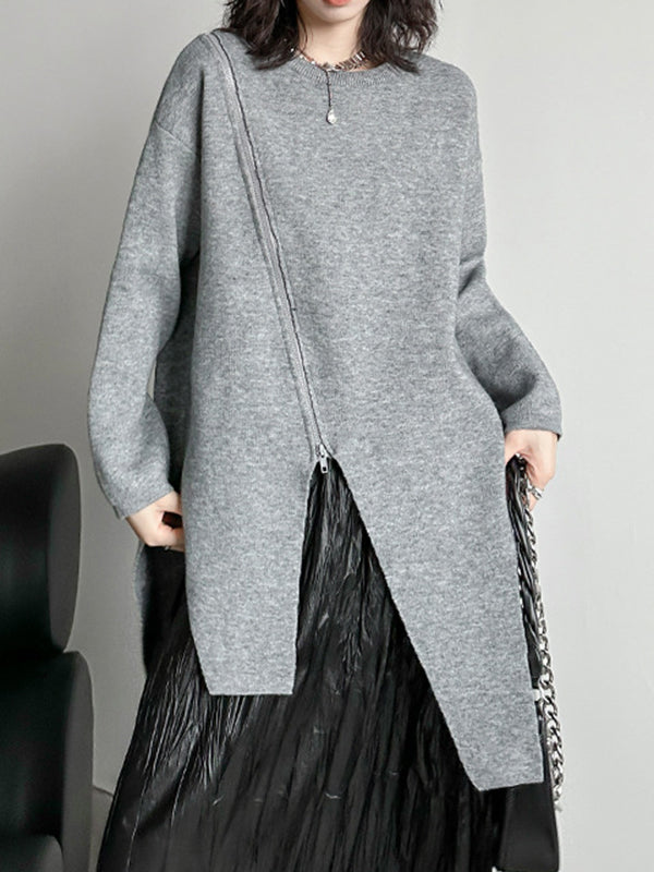xakxx High-Low Long Sleeves Asymmetric Solid Color Zipper Round-Neck Pullovers Sweater Tops