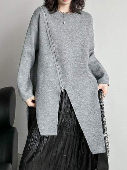 xakxx High-Low Long Sleeves Asymmetric Solid Color Zipper Round-Neck Pullovers Sweater Tops