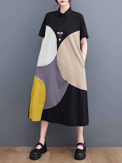 xakxx Loose Oversize Color-Block Contrast Color Split-Joint Lapel Midi Dresses Shirt Dress