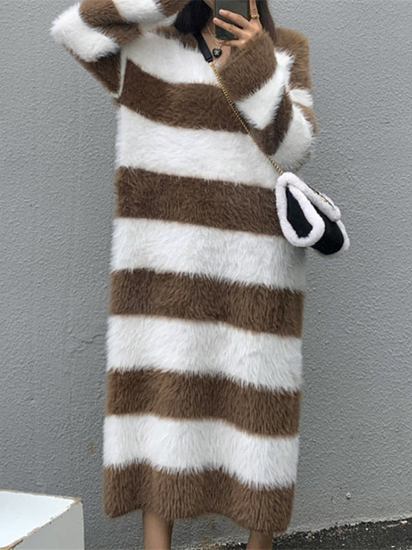 xakxx Long Sleeves Loose Striped V-Neck Knit Dresses Midi Dresses