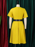 xakxx Irregular Clipping Plus Size Belted Solid Color Round-Neck Midi Dresses