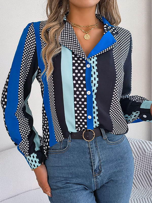 xakxx Long Sleeves Buttoned Contrast Color Polka-Dot Notched Collar Blouses&Shirts Tops