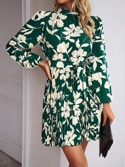 xakxx High Waisted Long Sleeves Flower Print Pleated Tied Waist Mock Neck Mini Dresses