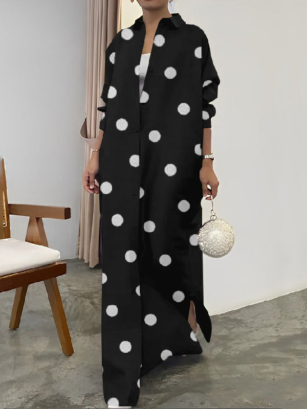 xakxx Long Sleeves Loose Polka-Dot Split-Front Split-Side Lapel Maxi Dresses