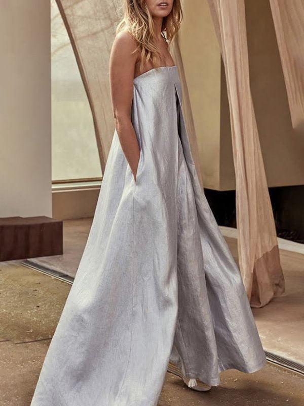 xakxx Casual Wide Leg Strapless Solid Color Tube Jumpsuits