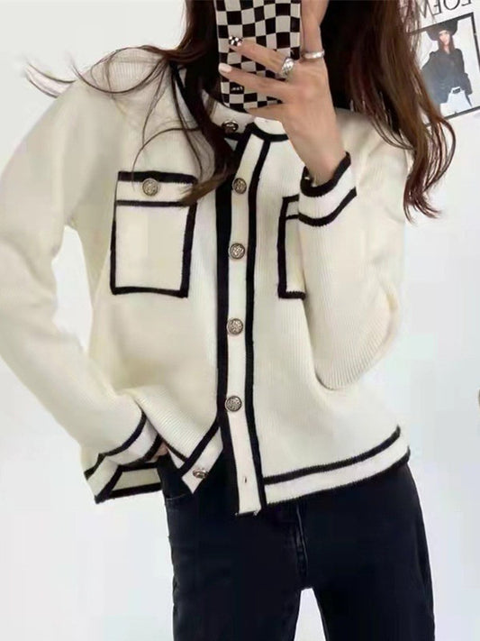 xakxx Long Sleeves Buttoned Contrast Color Pockets Round-Neck Cardigan Tops